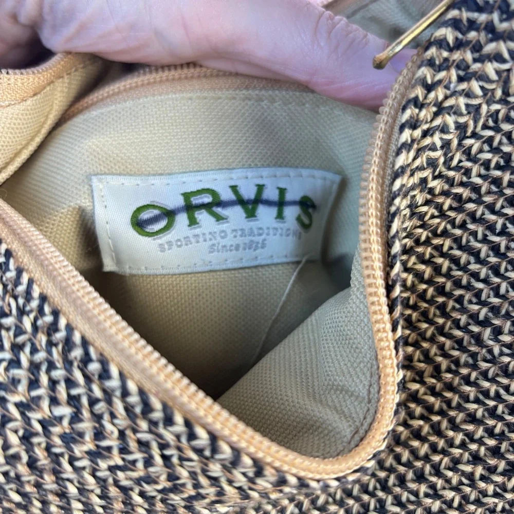 Orvis Woven Straw Hobo Shoulder Bag Black Tan Paper Blend Top Zip 1004564‎ 1P5